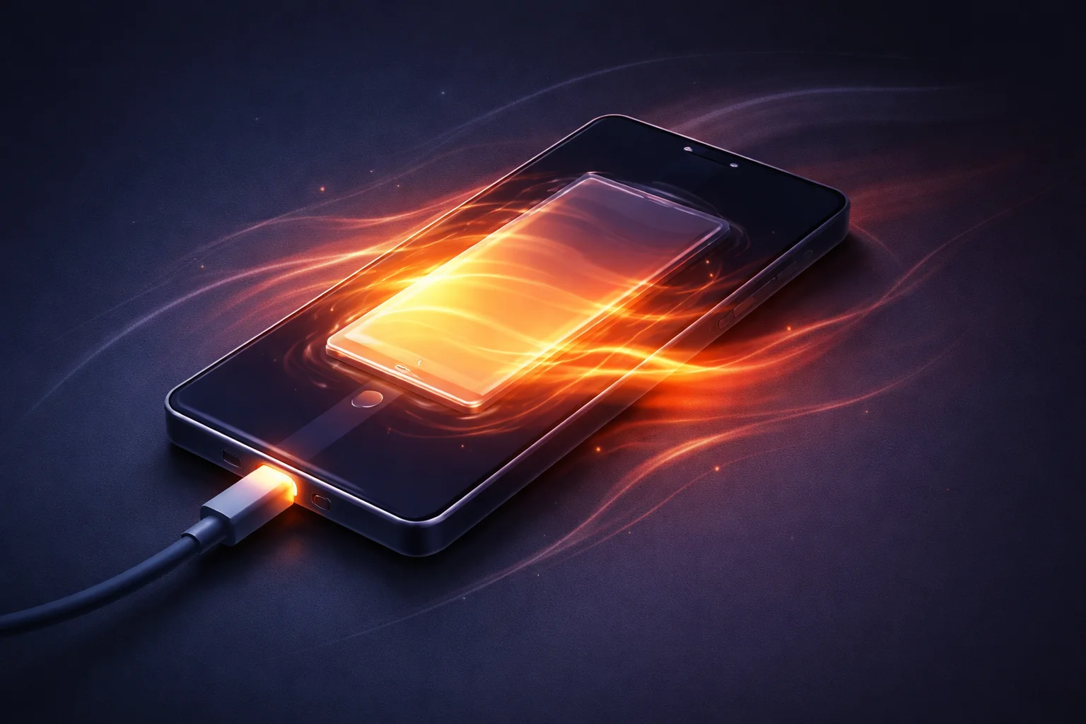Smartphone charging with noticeable heat buildup around the battery