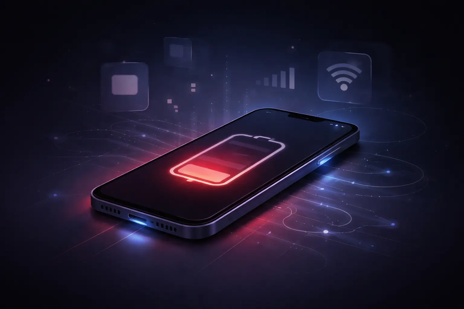 Smartphone showing low battery caused by background apps and network usage