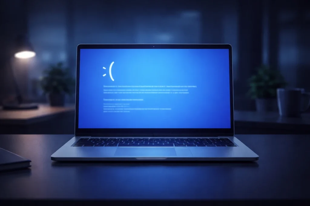 Windows blue screen error showing stop code on laptop display